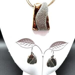 Chico's Bronze Silver Pendant Necklace Drop Earrings Set, Three Gold Cords, 20"